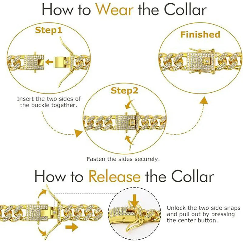 Dog Chain Diamond Collar Walking Metal Chain Necklace with Secure Buckle Pet Cuban Style Collar Jewelry Accessories for Dog Cats