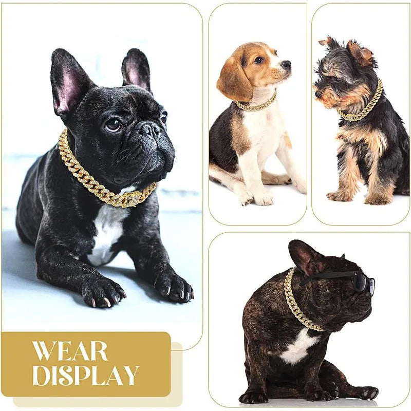 Dog Chain Diamond Collar Walking Metal Chain Necklace with Secure Buckle Pet Cuban Style Collar Jewelry Accessories for Dog Cats