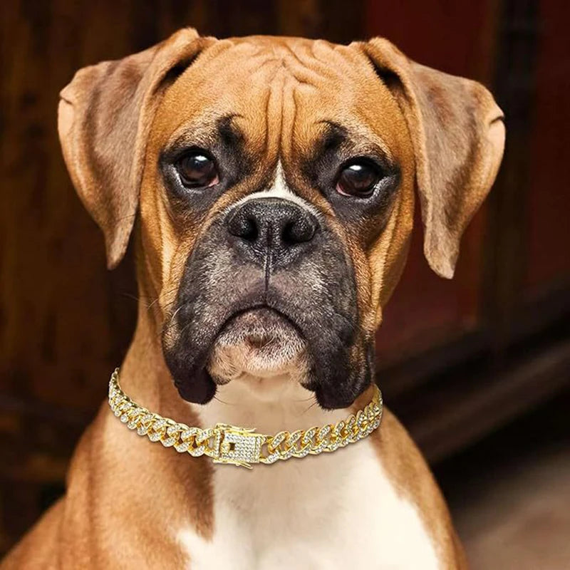 Dog Chain Diamond Collar Walking Metal Chain Necklace with Secure Buckle Pet Cuban Style Collar Jewelry Accessories for Dog Cats