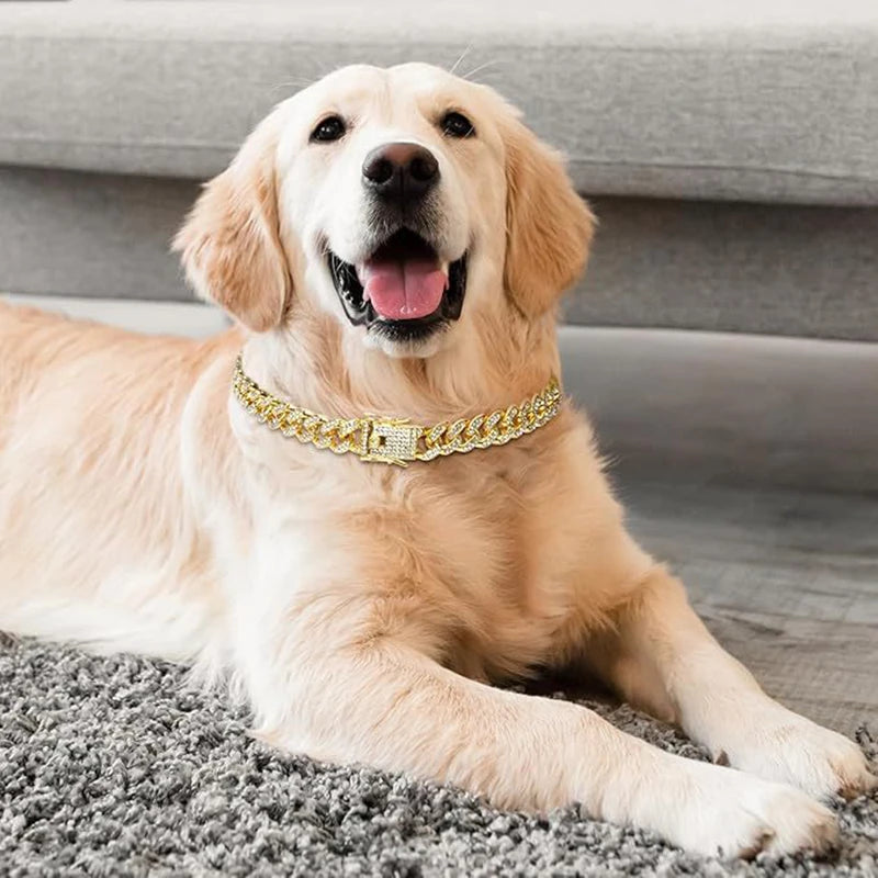 Dog Chain Diamond Collar Walking Metal Chain Necklace with Secure Buckle Pet Cuban Style Collar Jewelry Accessories for Dog Cats