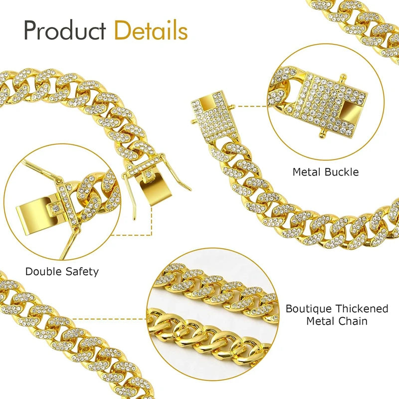 Dog Chain Diamond Collar Walking Metal Chain Necklace with Secure Buckle Pet Cuban Style Collar Jewelry Accessories for Dog Cats