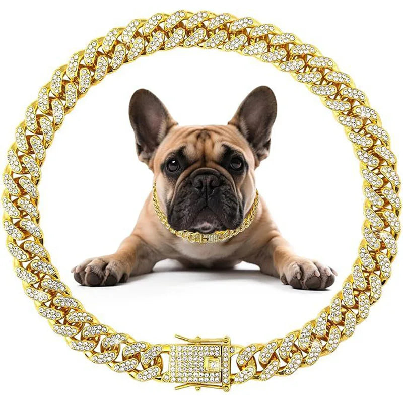 Dog Chain Diamond Collar Walking Metal Chain Necklace with Secure Buckle Pet Cuban Style Collar Jewelry Accessories for Dog Cats
