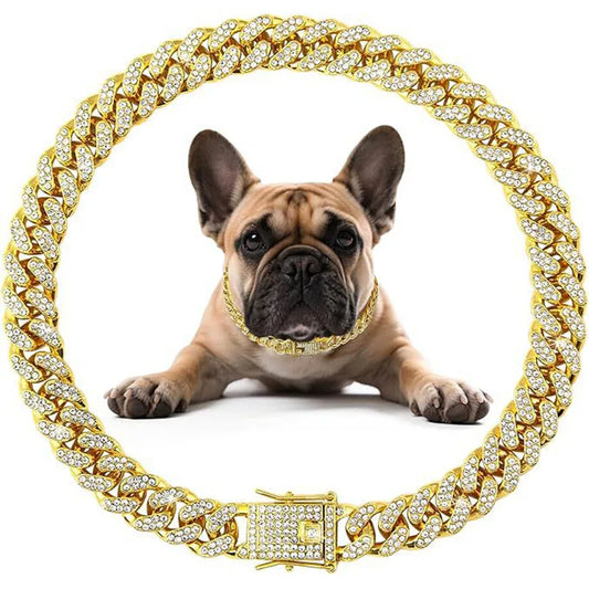 Dog Chain Diamond Collar Walking Metal Chain Necklace with Secure Buckle Pet Cuban Style Collar Jewelry Accessories for Dog Cats